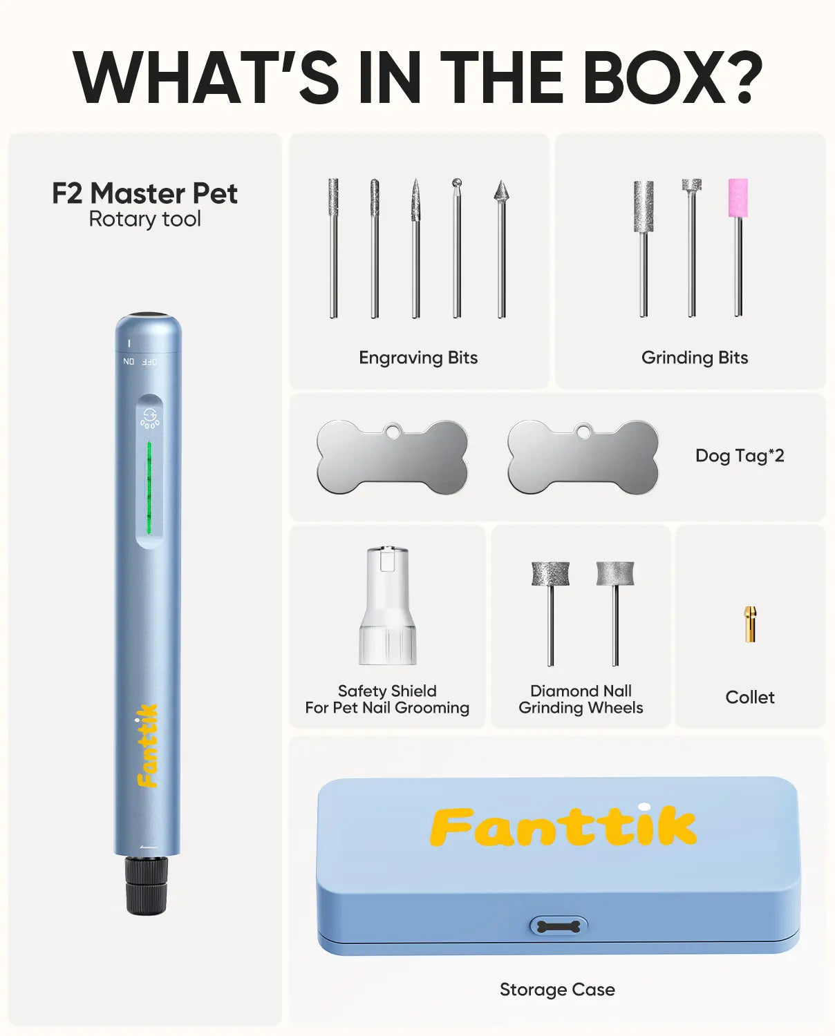 Fanttik F2 Master Pet Dog Nail Grinder Quiet, Safe Electric Rechargeable Pet Nail Trimmer with LED Light, 5-Speed Variable Paws Grooming Tool Kit, DIY Name Tags for Small Medium Dogs & Cats, Blue