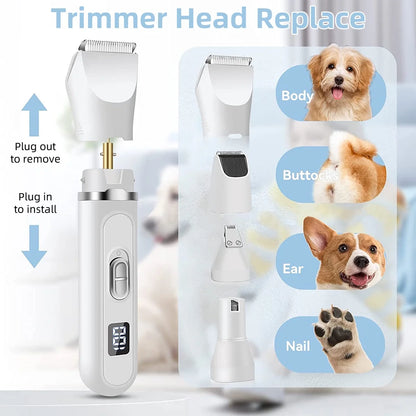 4 in 1 Dog Clippers for Grooming Paw Trimmer, Rechargeable Dog Grooming Clipper Kit Nail Grinder, Cordless Pet Cat Trimmer Shavers for Small & Large Dogs Cats Pets with Thick Coats
