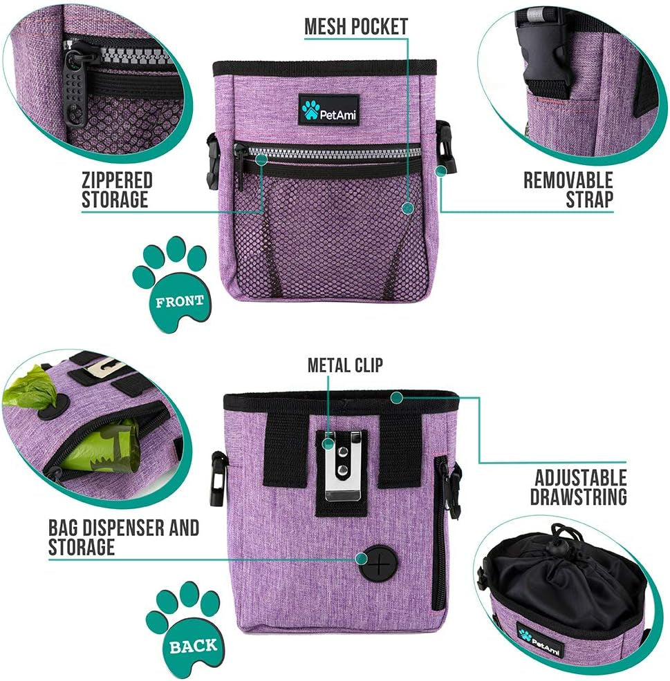 Dog Treat Pouch, Pet Treat Pouch for Training, Dog Walking Bag Holder for Kibbles, Pet Food Toy, Dog Trainer Essentials Supplies, Poop Bag Dispenser, 3 Ways to Wear (Purple)
