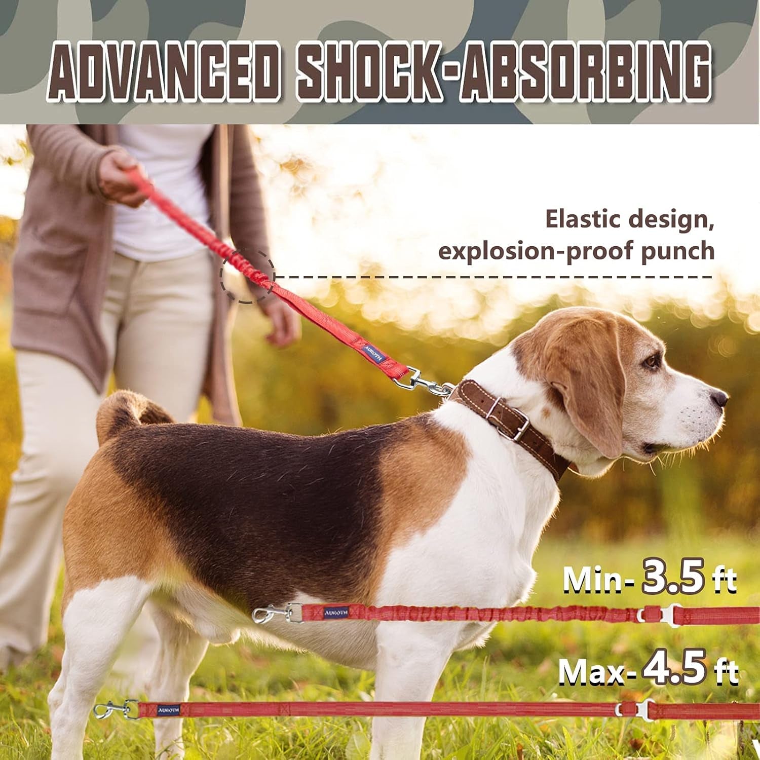 Heavy Duty Bungee Dog Leash for Large Breed Dogs, No Pull for Shock Absorption with Car Seat Belt, 2 Padded Handles 4.5Foot 6Foot Training Dog Leash Red
