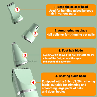 4-In-1 Pet Grooming and Care Set 4Different Blades Pet Hair Shaver Low Noise Pet Clippers Rechargeable Cordless Safe Dog Trimmer