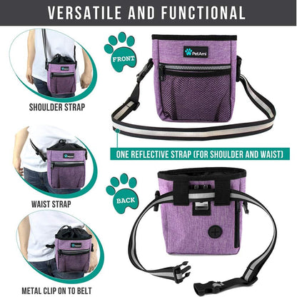 Dog Treat Pouch, Pet Treat Pouch for Training, Dog Walking Bag Holder for Kibbles, Pet Food Toy, Dog Trainer Essentials Supplies, Poop Bag Dispenser, 3 Ways to Wear (Purple)